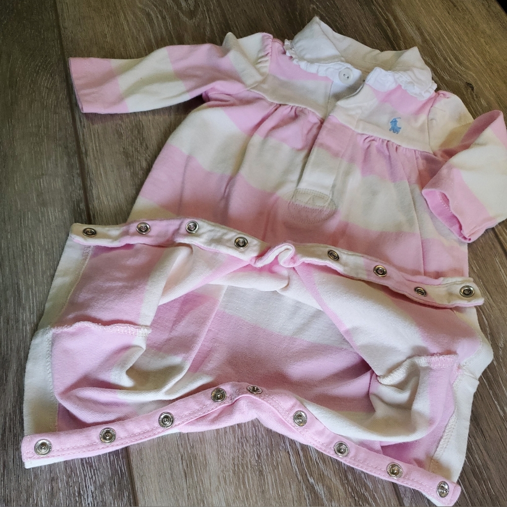 Baby girl's Ralph Lauren pink/cream striped rugby coverall Size 3 mo. - Picture 2 of 5
